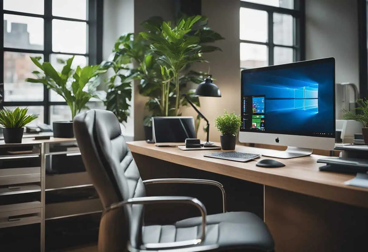 Modern office desk setup with computer, plants, and natural light for productivity.