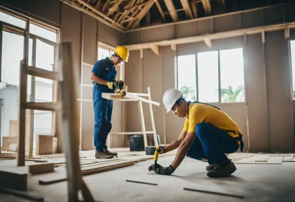 Construction workers installing flooring during a home renovation in Singapore.
