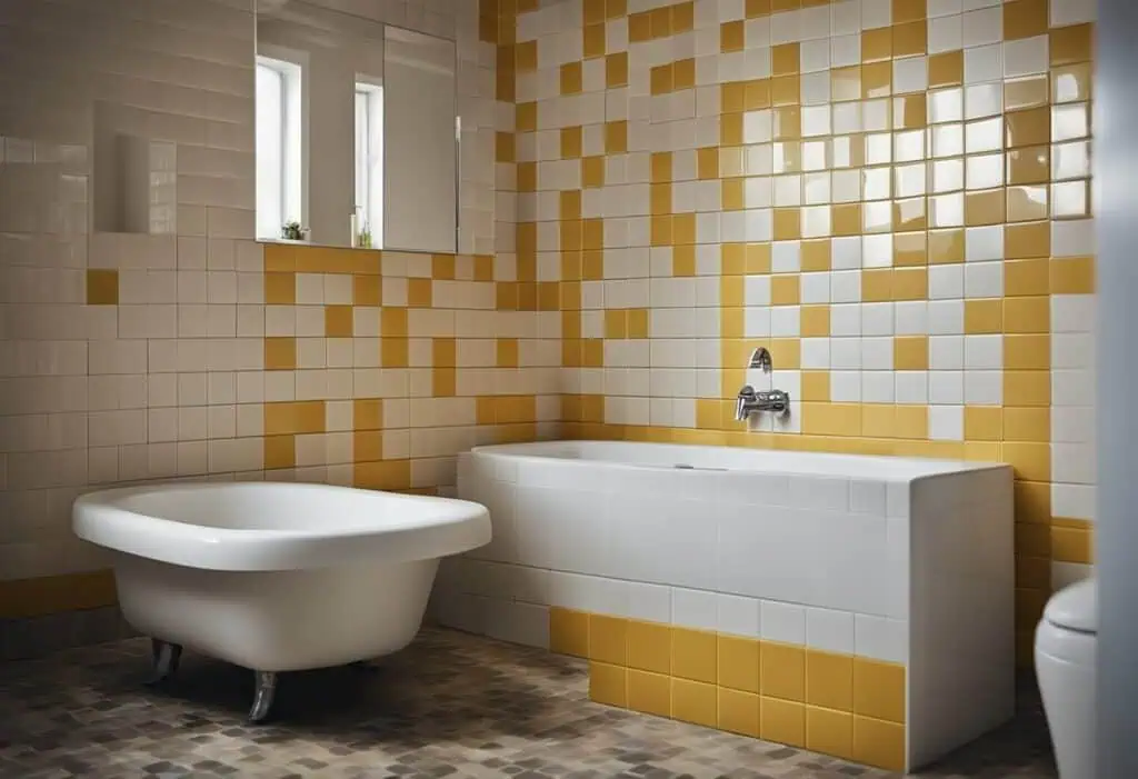 Modern bathroom with bathtub and yellow tile wall for a relaxing oasis.