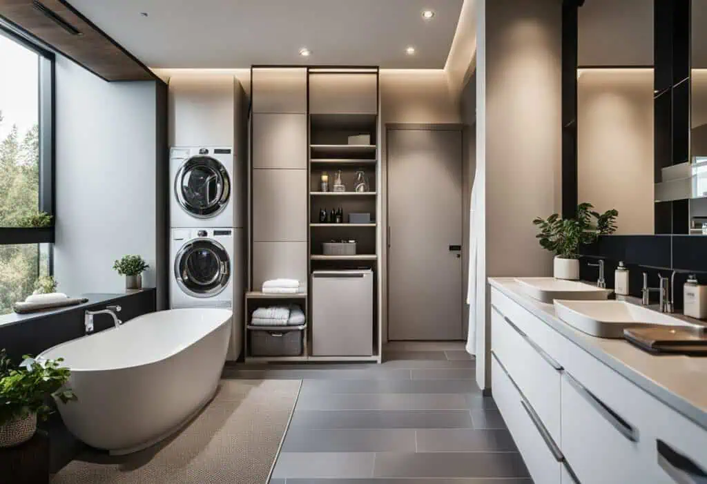 Elegant laundry room with washer, dryer, and stylish bathroom fixtures.