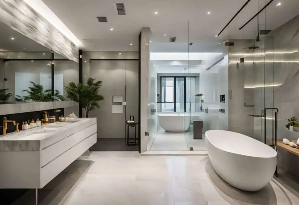 Elegant bathroom with sleek fixtures and glass shower enclosure.