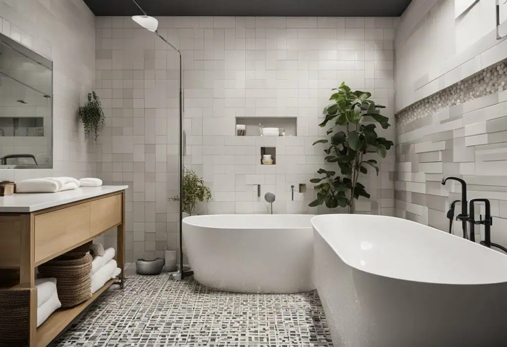 Elegant bathroom renovation with freestanding tubs and stylish tiles.