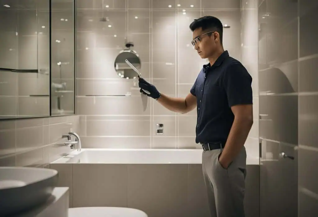 Professional bathroom renovation specialist examining bathroom fixtures in Singapore.