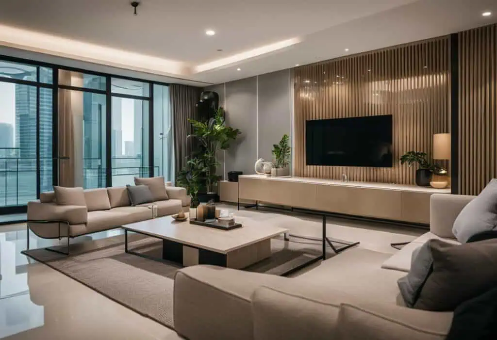 Stylish living room featuring contemporary furniture, large windows, and sleek decor for a luxurious.