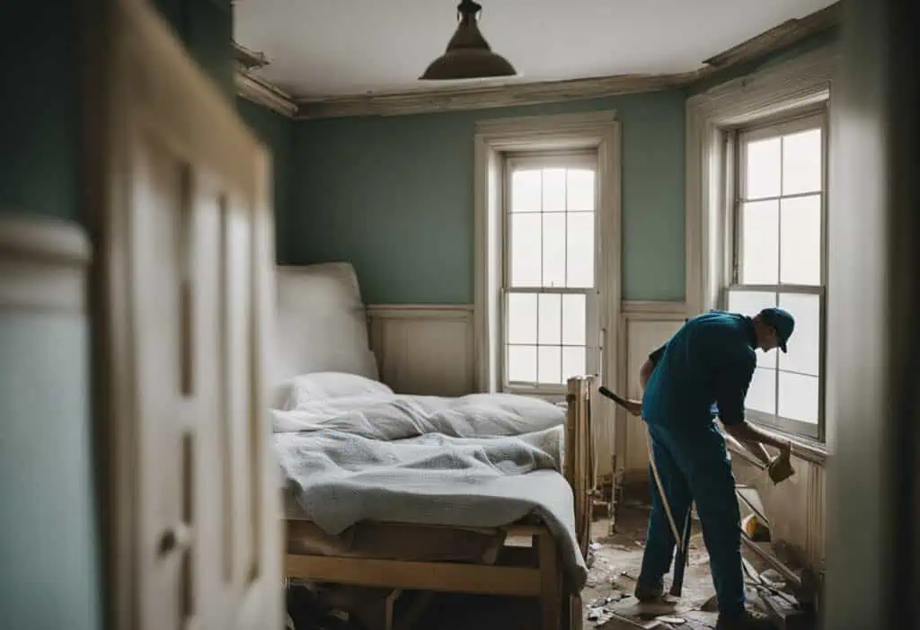 Man renovating a bedroom with a bed, windows, and peeling walls for a fresh look.
