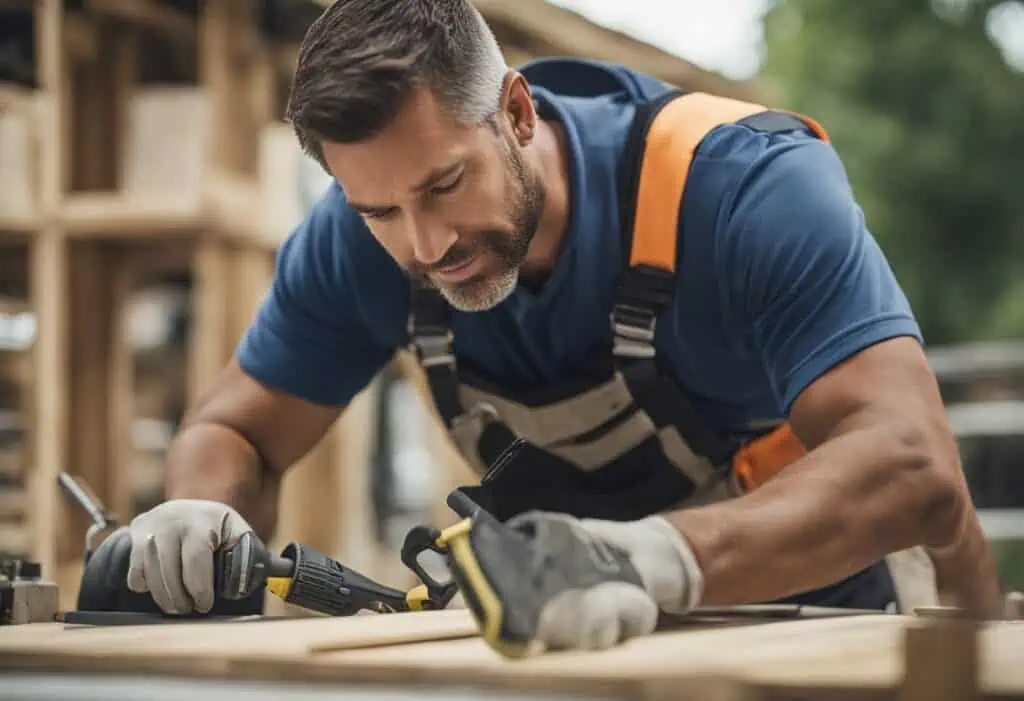 Skilled handyman working on home renovation project outdoors.