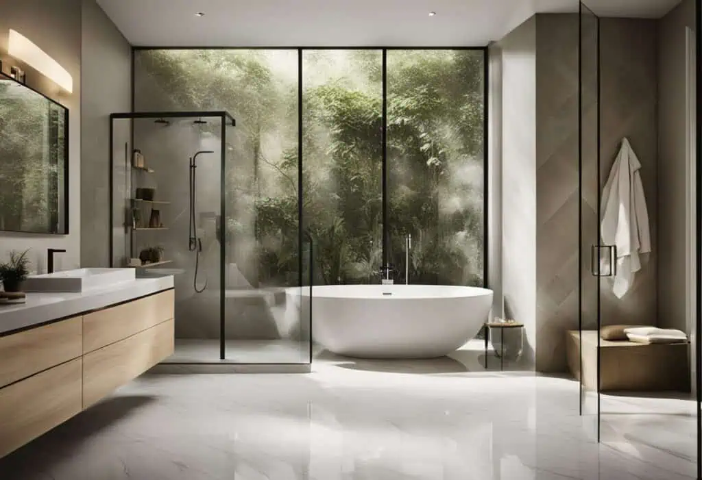 Elegant bathroom with a freestanding tub and glass shower enclosure.