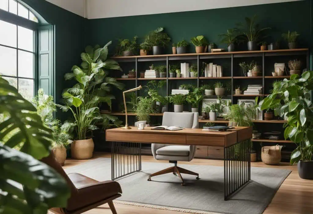 Stylish home office with lush indoor plants and contemporary decor for a productive workspace.