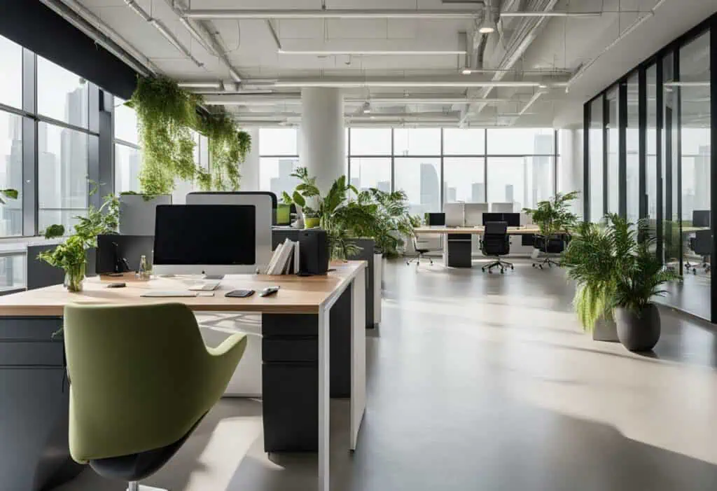 Bright, spacious office with contemporary furniture, lush greenery, and large windows enhancing prod.