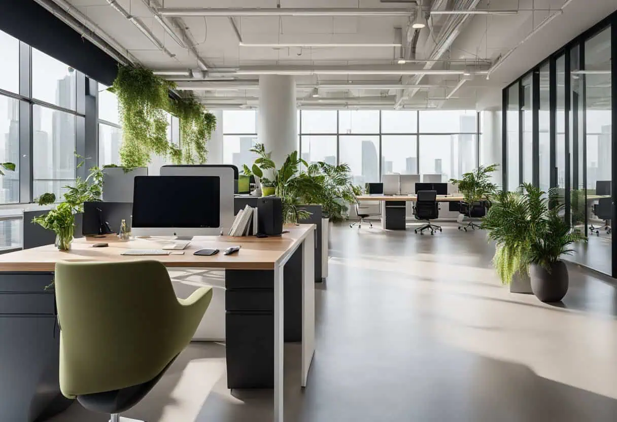 Bright, spacious office with contemporary furniture, lush greenery, and large windows enhancing prod.