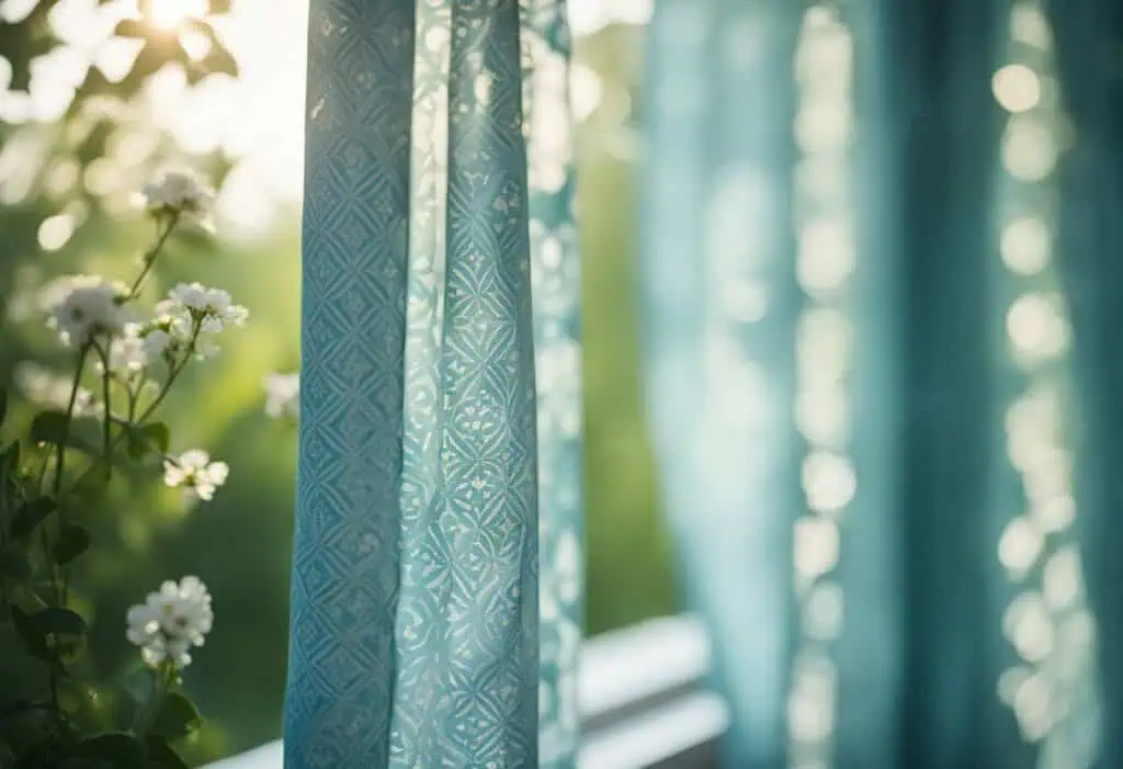 Elegant blue bedroom curtains with intricate patterns, perfect for modern interior decor.