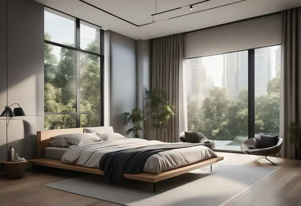 Stylish bedroom featuring a sleek platform bed, expansive windows, and natural light for a contempor.