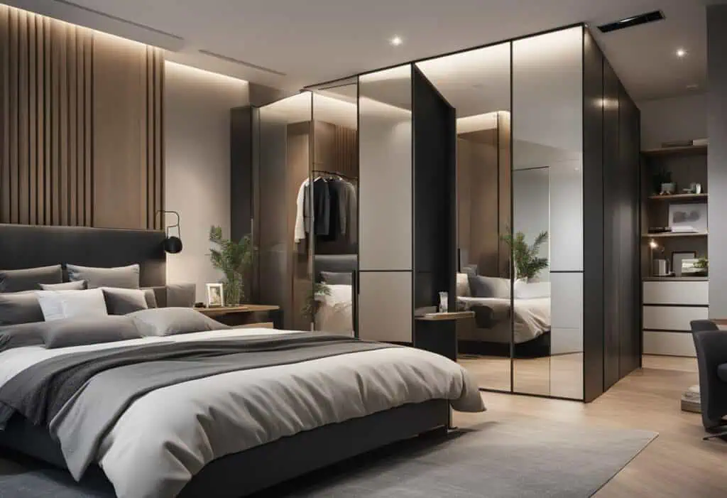 bedroom design with wardrobe and bathroom