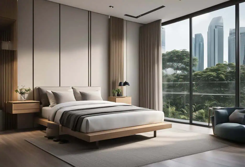 Elegant bedroom furniture set with sleek design and large windows showcasing city views in Singapore.