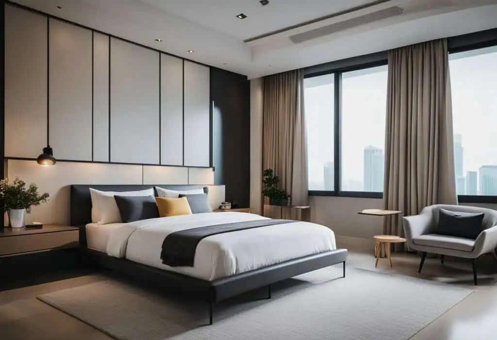 Elegant bedroom with contemporary furniture, large windows, and city views in Singapore.