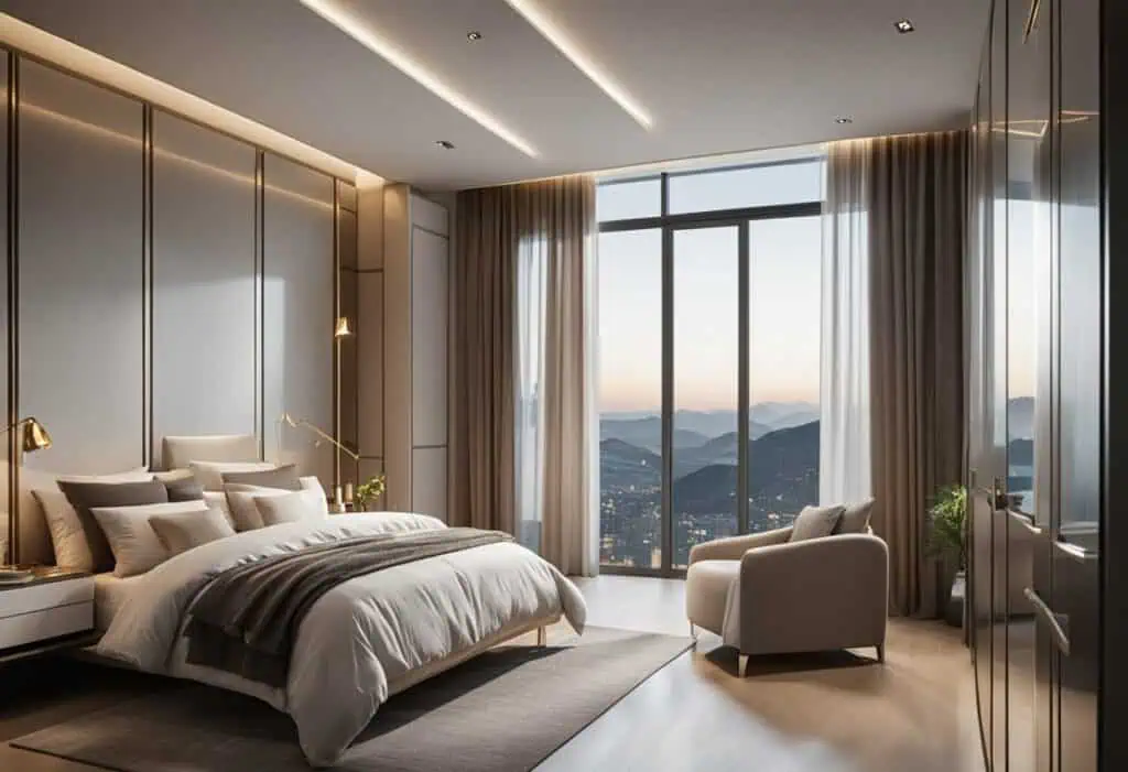 Spacious bedroom featuring a stylish mirror, cozy seating, and panoramic mountain scenery through la.