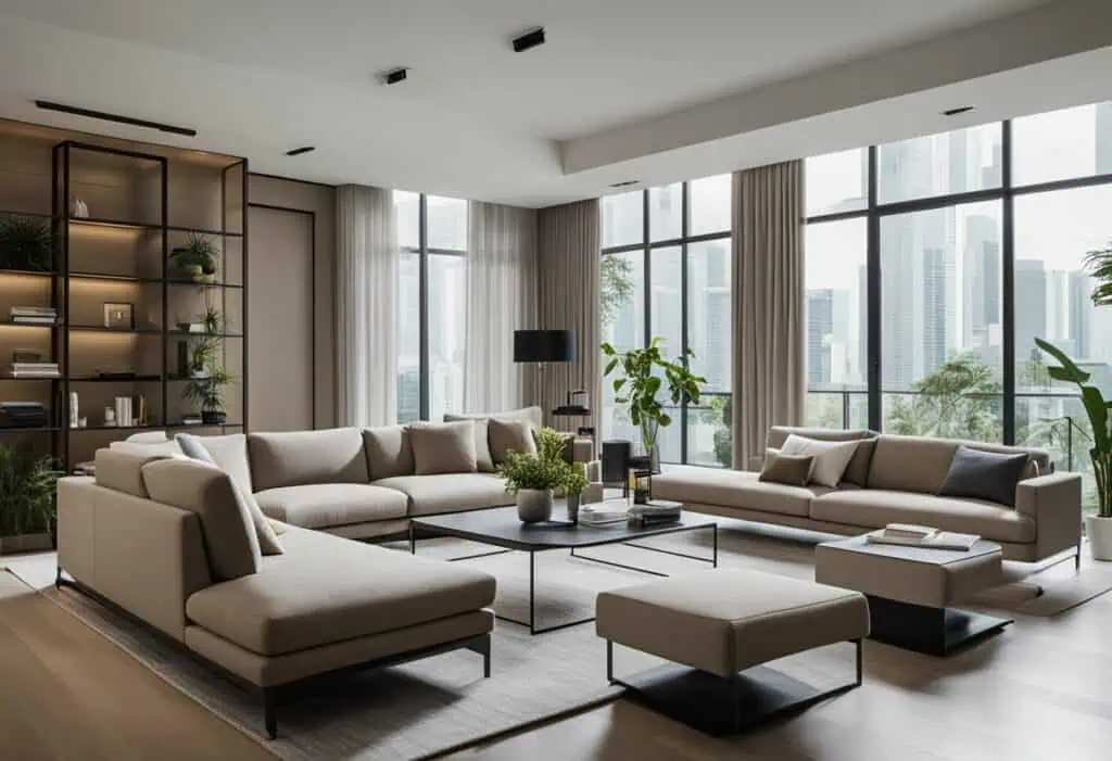 Elegant beige sectional sofa with plush cushions in a contemporary living room setting with natural.