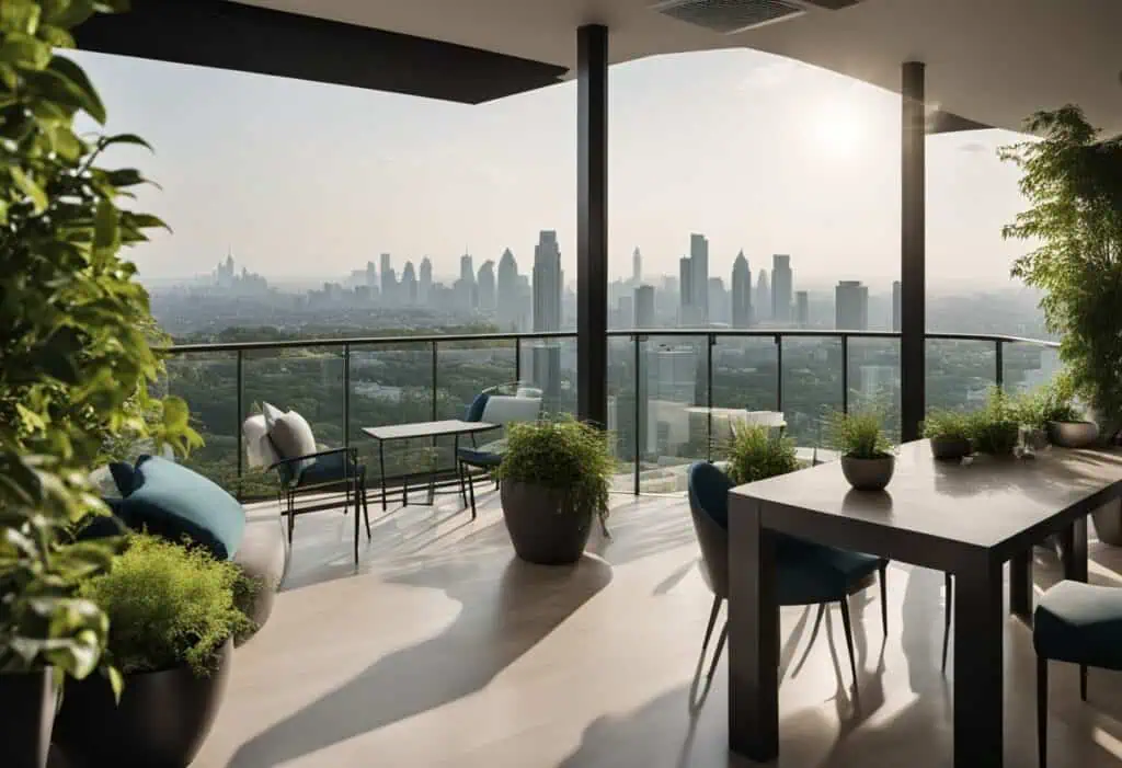 Balcony design featuring contemporary furniture and panoramic city views for a luxurious home.