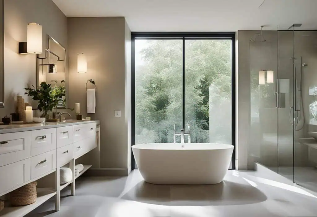 Elegant bathroom with bathtub and glass shower for a luxurious renovation.