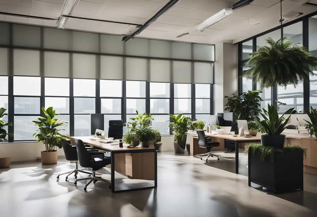 Modern office interior with green plants and large windows for a fresh workspace.