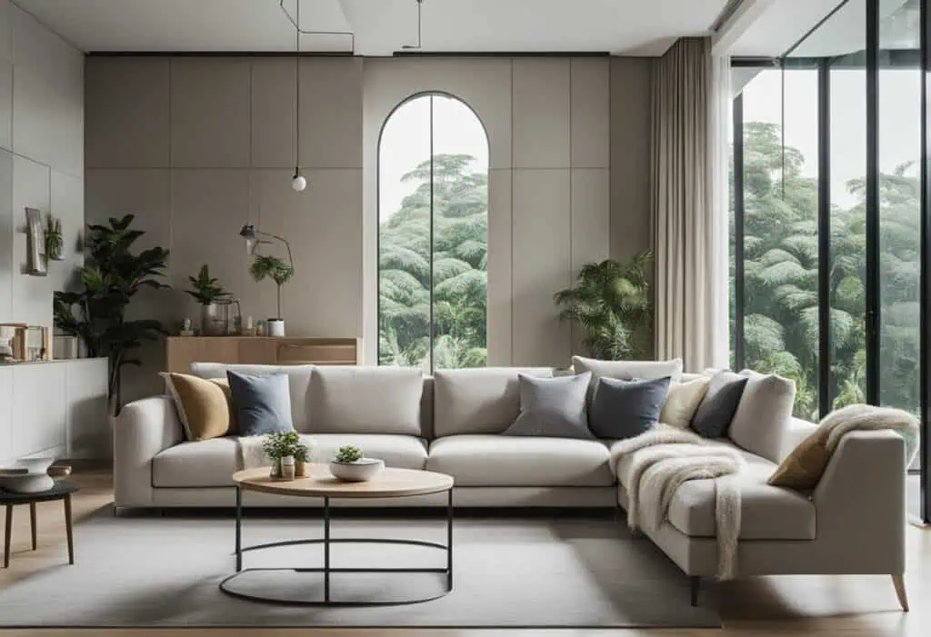 Modern living room sofa setup with neutral tones and large windows.