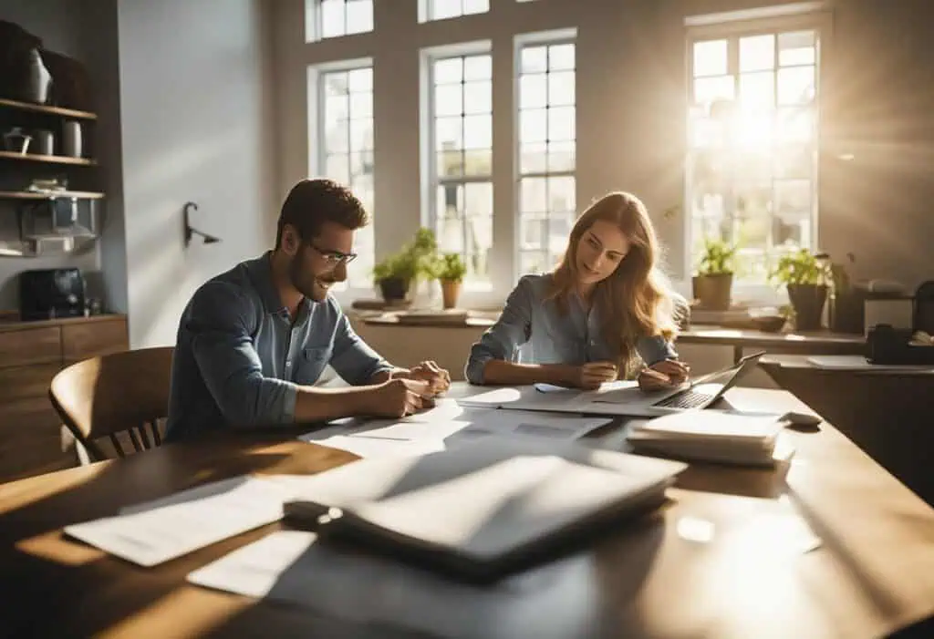Two professionals discussing home renovation plans in a bright, modern office.