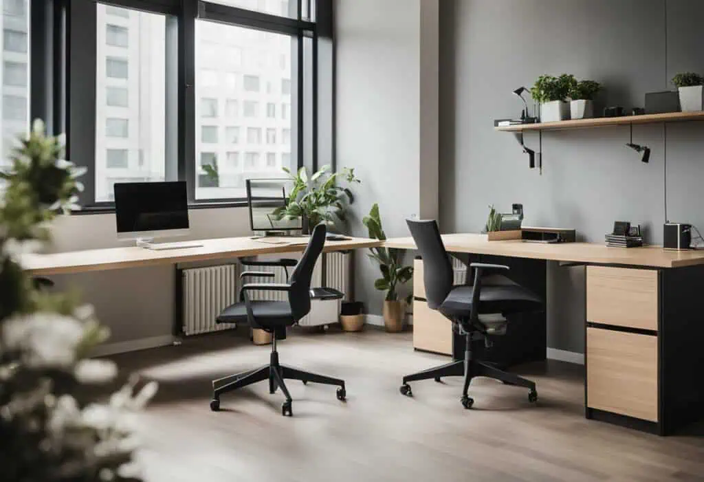 Efficient small office workspace with ergonomic furniture, natural light, and greenery to maximize s.