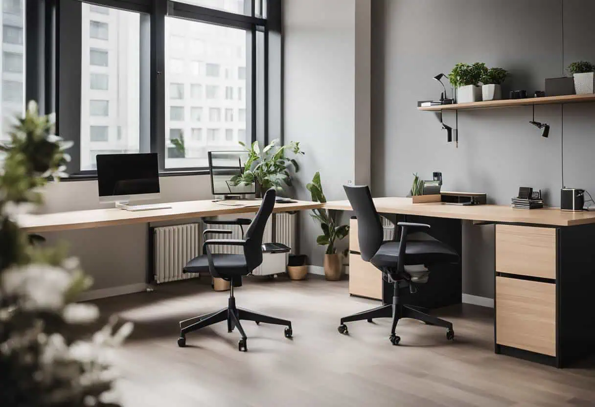 Efficient small office workspace with ergonomic furniture, natural light, and greenery to maximize s.