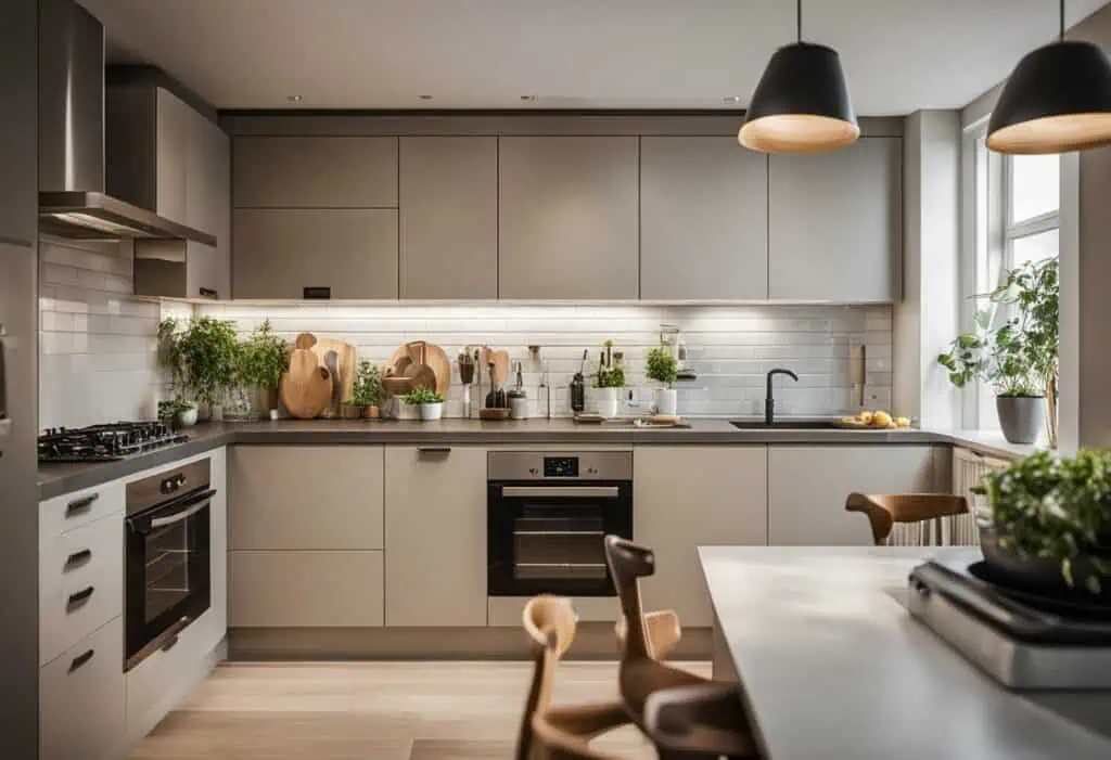 Efficient small kitchen layout featuring sleek cabinetry, ample storage, and natural light for maxim.