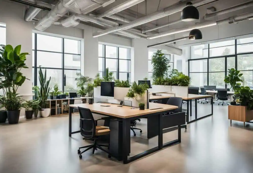 Bright office with large windows and lush greenery for a productive work environment.