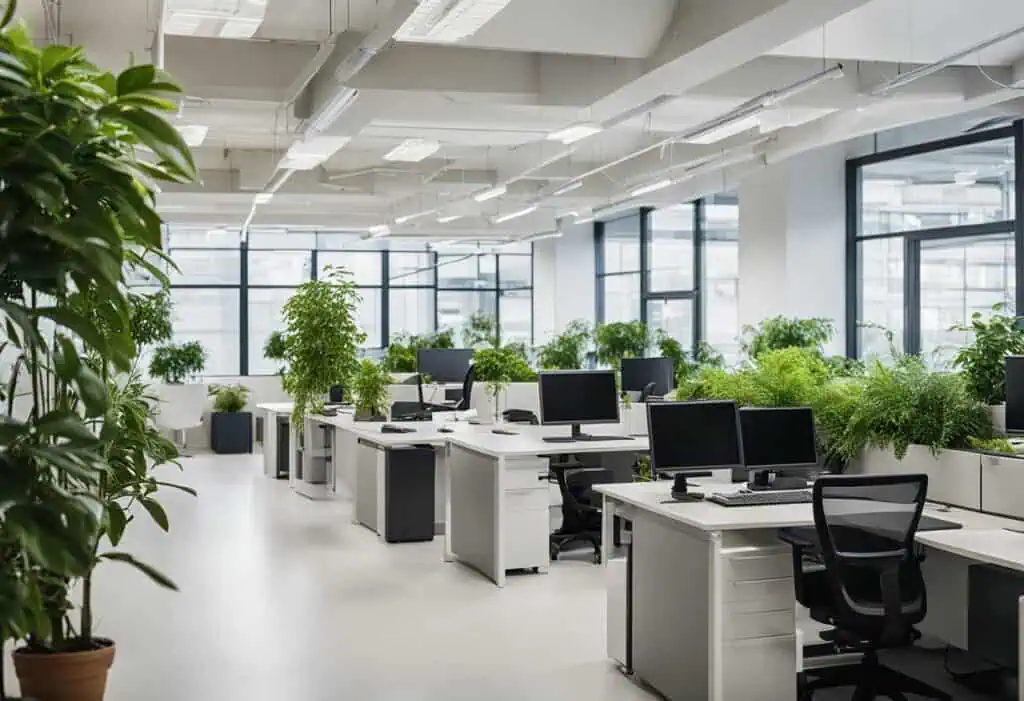 Bright, open office with ergonomic desks and lush greenery to boost focus and efficiency.