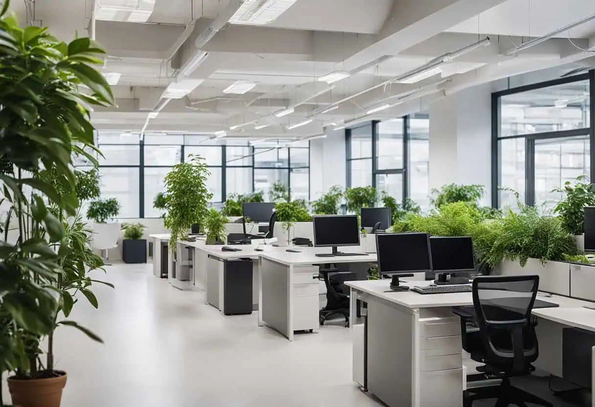 Bright, open office with ergonomic desks and lush greenery to boost focus and efficiency.