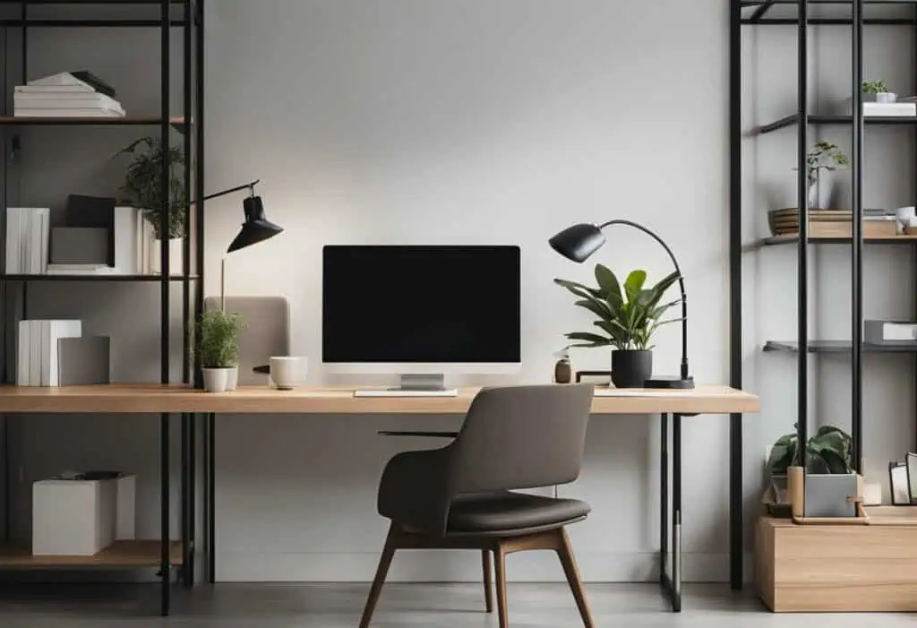 Office desk with organized shelving for a productive work environment.