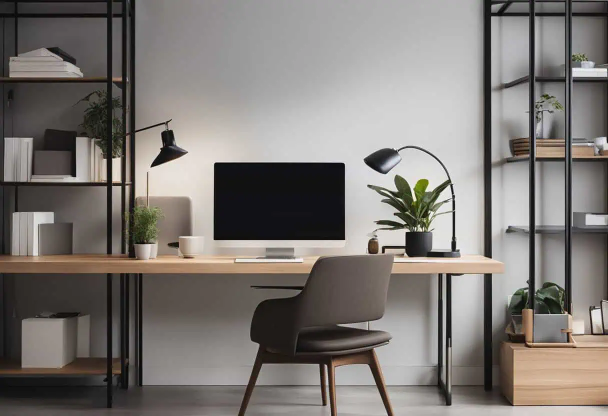 Office desk with organized shelving for a productive work environment.