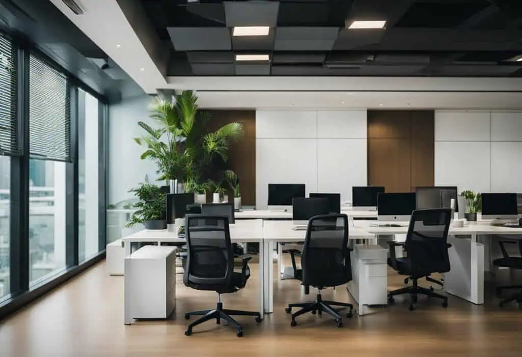Office furniture Singapore, modern desks and ergonomic chairs in a professional workspace.