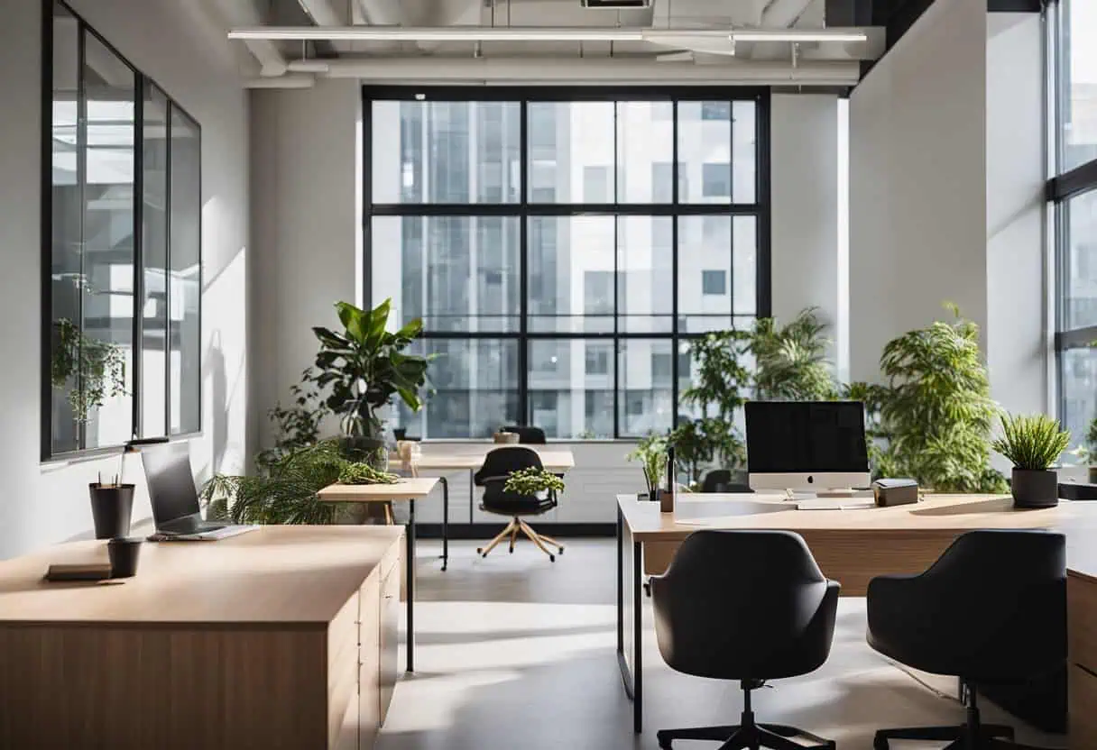 Bright office space with large windows, ergonomic furniture, and indoor plants for a productive work.