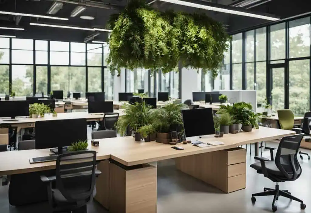 Bright office with green plants and contemporary furniture for productivity.