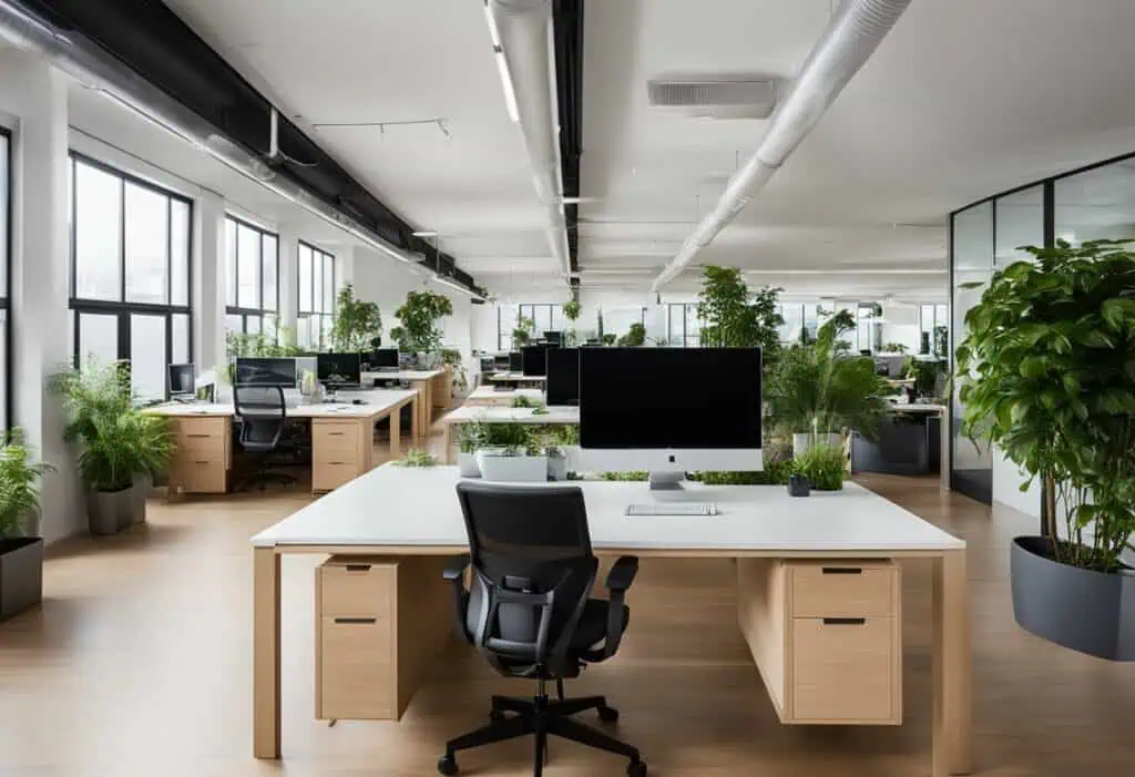 Office workspace with ergonomic desks and chairs, lush green plants, and large windows for natural l.