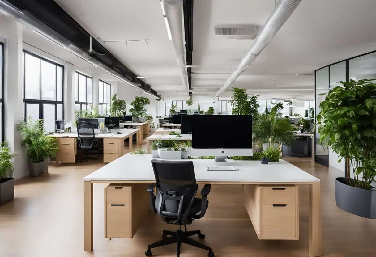 Office workspace with ergonomic desks and chairs, lush green plants, and large windows for natural l.