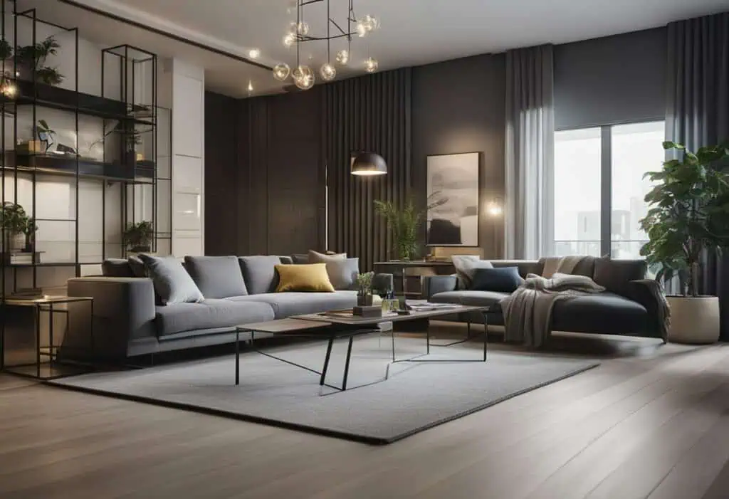 Elegant contemporary living room featuring sleek sofas, minimalist coffee table, and large windows f.
