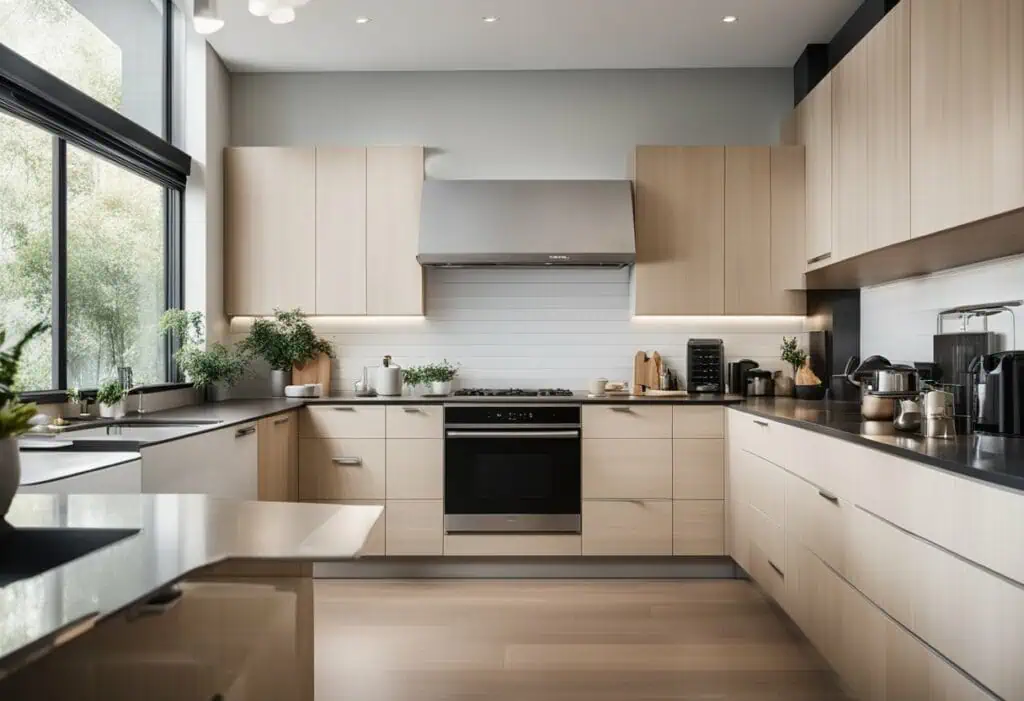 Open kitchen design with natural wood cabinetry and ample sunlight for a bright, spacious feel.