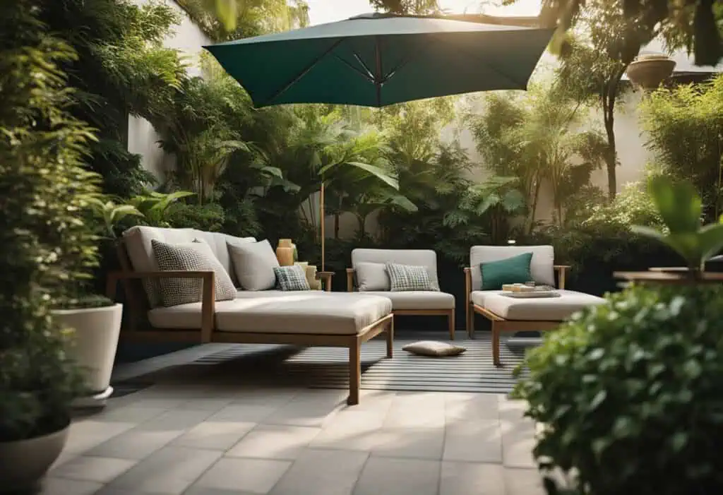 Stylish outdoor furniture set with comfortable cushions and a large umbrella for Singapore garden sp.