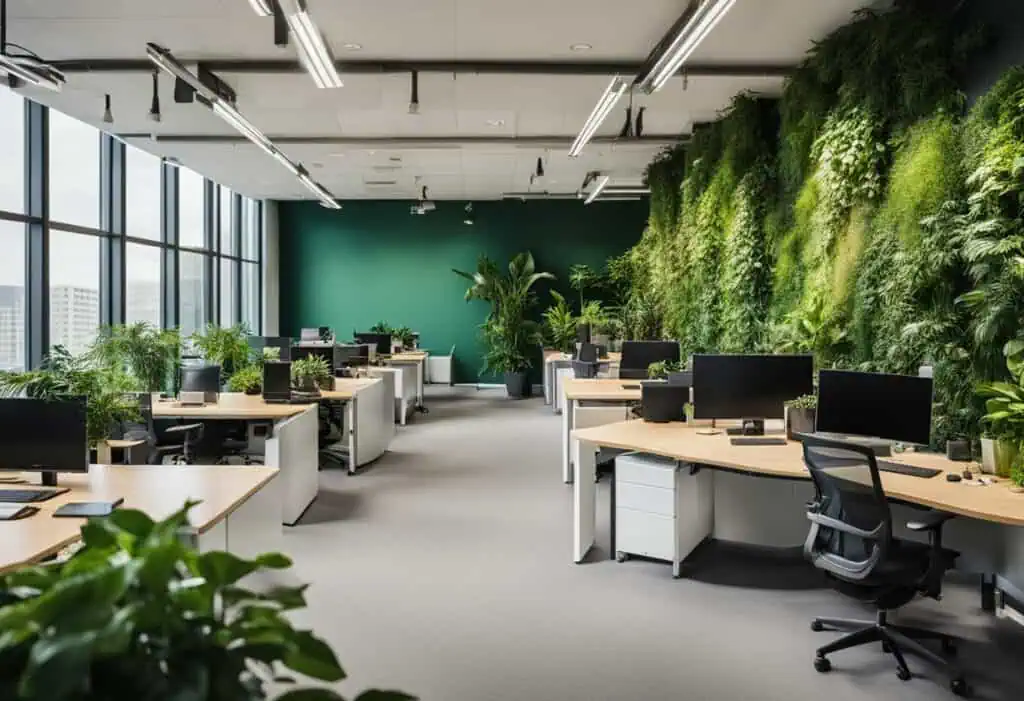 Eco-friendly office with green wall and ample natural light for inspiring workspaces.