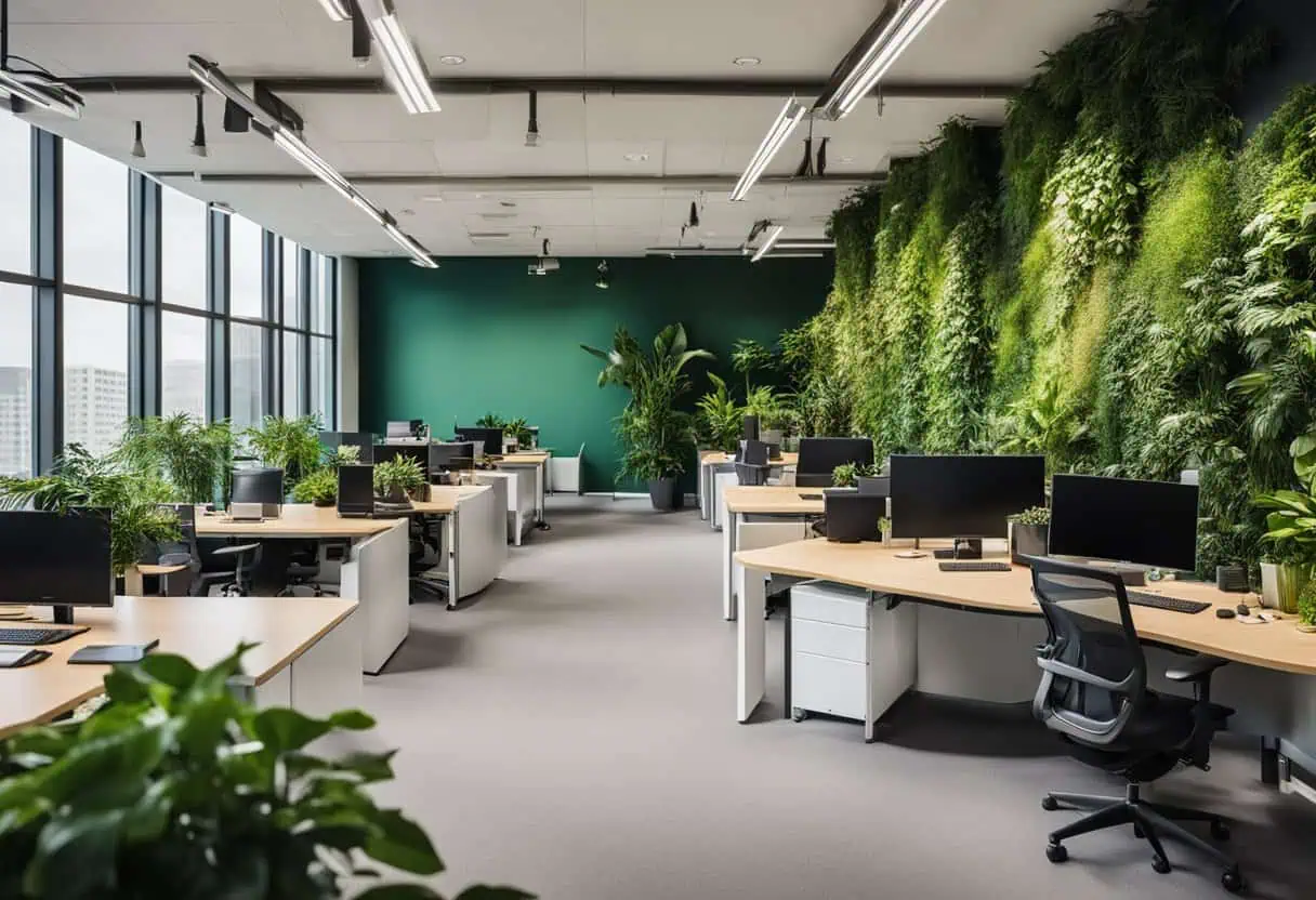 Eco-friendly office with green wall and ample natural light for inspiring workspaces.