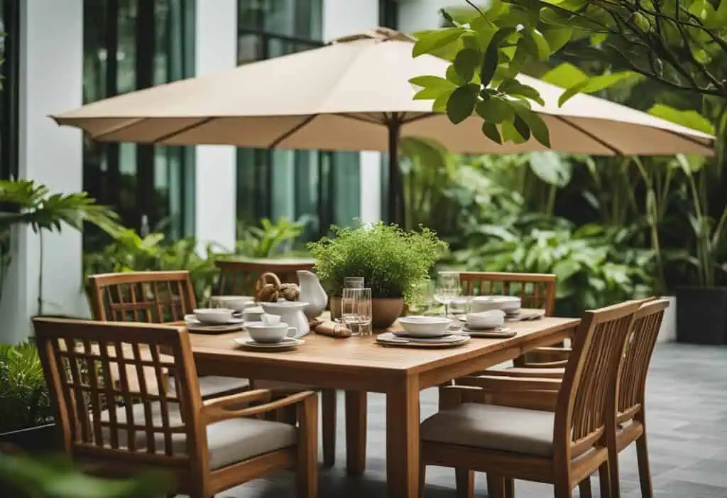 Outdoor teak dining table with matching chairs and umbrella, perfect for stylish Singapore patio dec.
