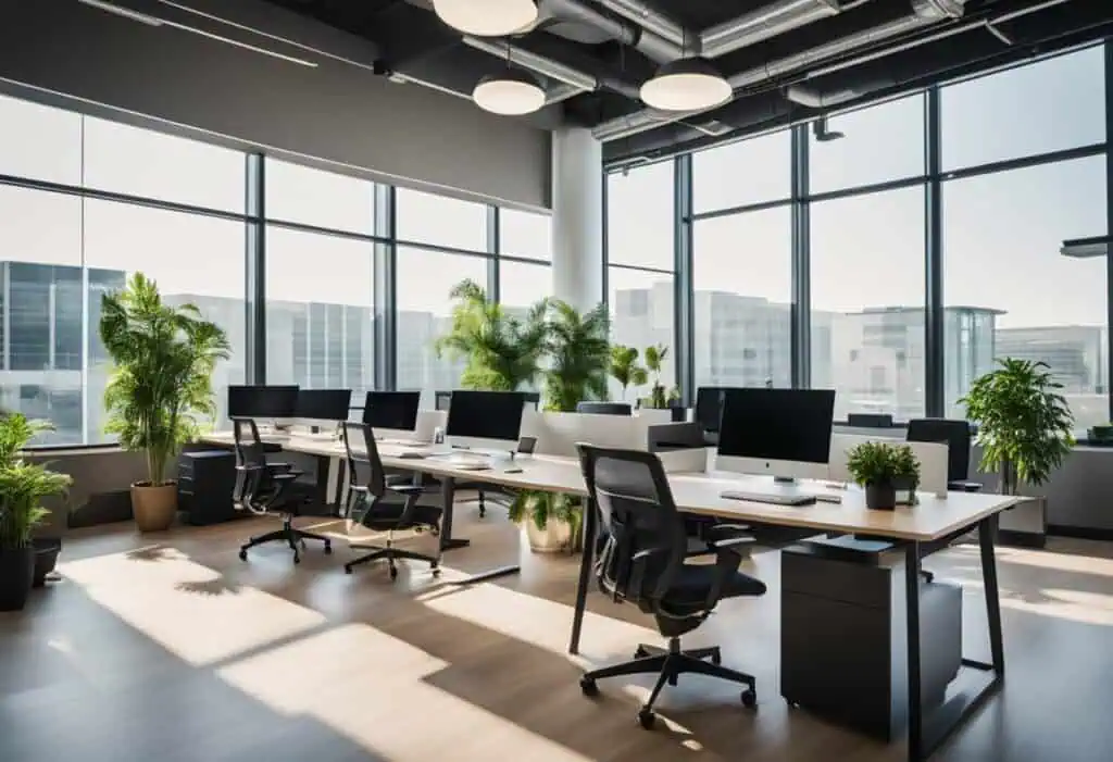Bright, contemporary workspace featuring large windows, ergonomic desks, and lush indoor plants for.