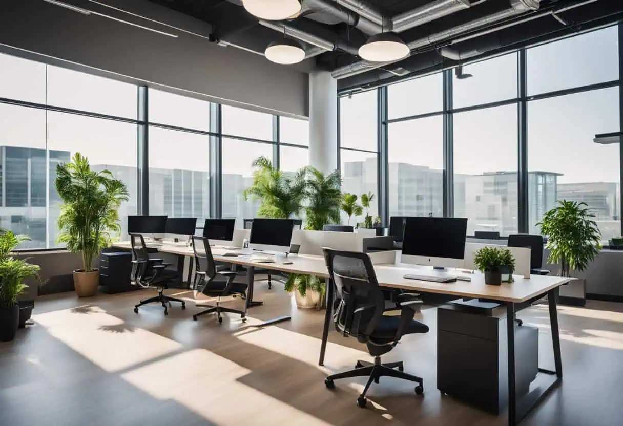 Bright, contemporary workspace featuring large windows, ergonomic desks, and lush indoor plants for.