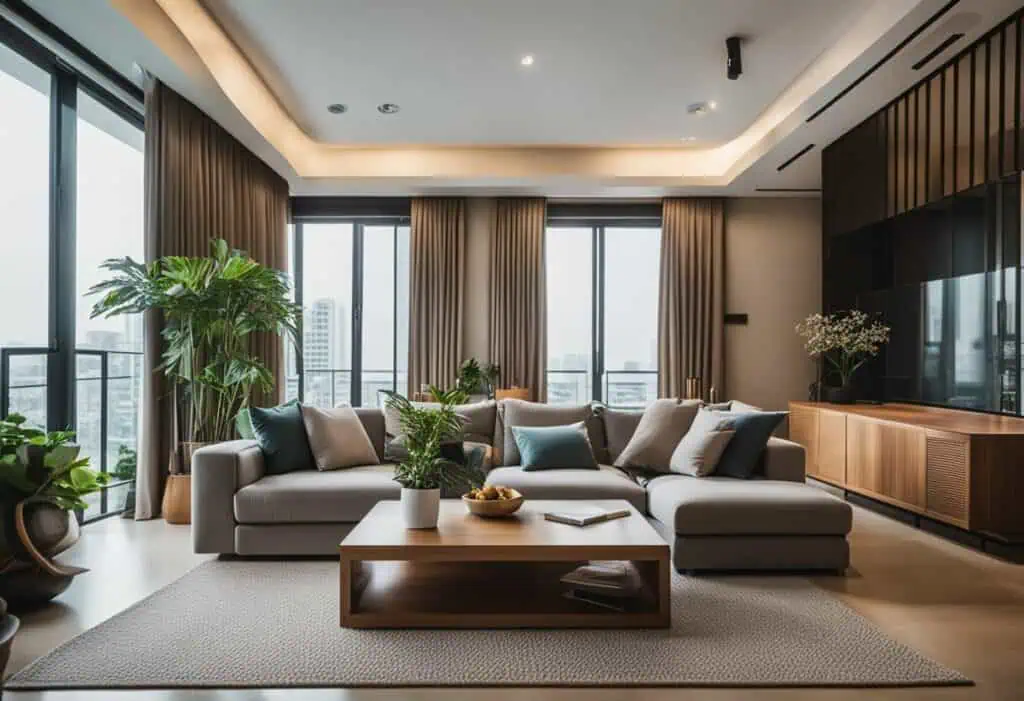 Elegant modern living room featuring high-quality wooden furniture and large windows for natural lig.