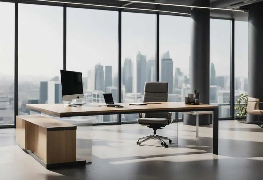 Office desk with sleek design and large windows showcasing a city skyline.