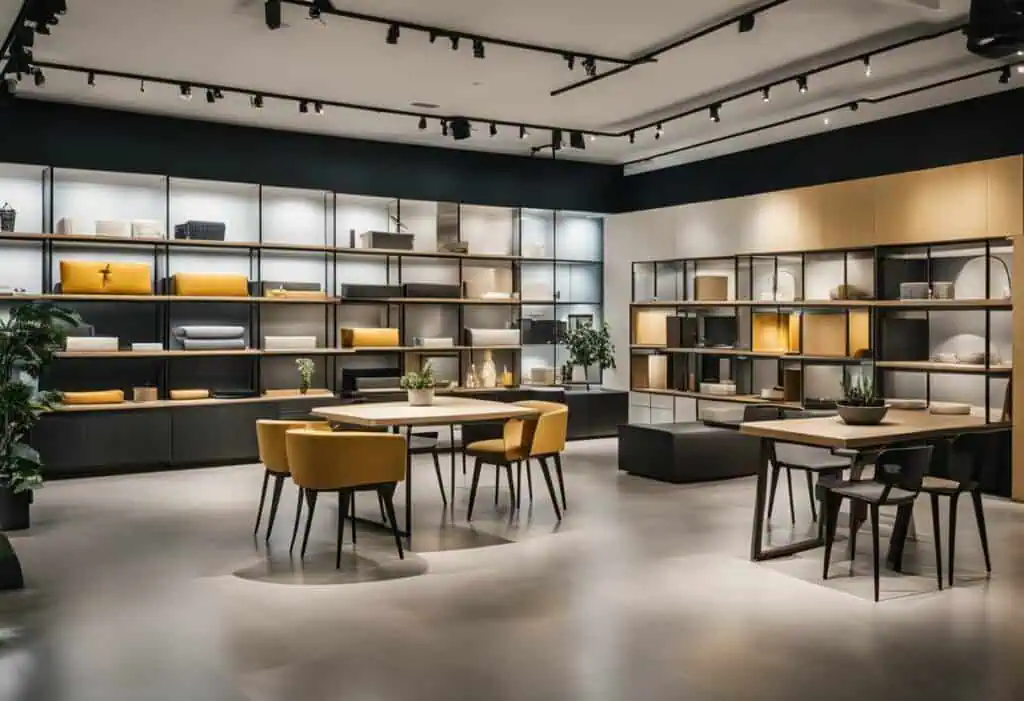 Contemporary furniture setup in a sleek showroom featuring shelves, tables, and comfortable chairs.